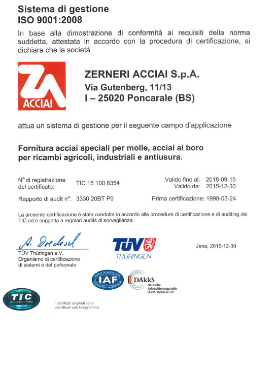 Certificato ISO 9001:2008 zerneri acciai